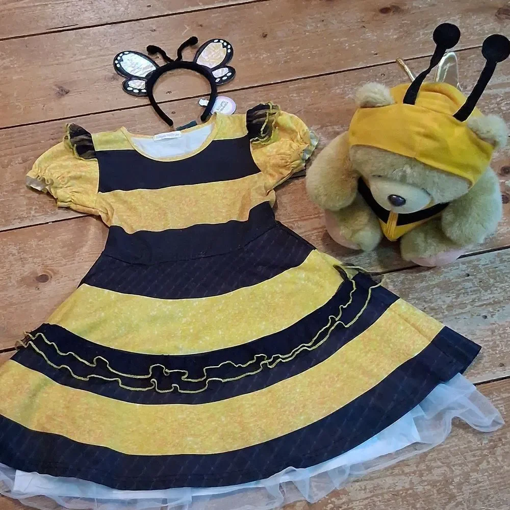 Cute Bumblebee/butterfly costume dress‎ (8-10) with butterfly headband & bear